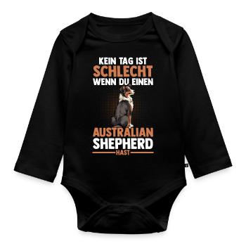 Australian Shepherd Hund Aussie - Baby Bio-Langarm-Body - Schwarz - Vorne