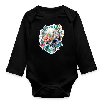 Human Skull & Flowers 28 - Organic Longsleeve Baby Bodysuit - black - Front