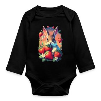 Cute Bunny with Strawberries - Baby Bio-Langarm-Body - Schwarz - Vorne