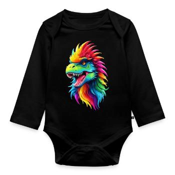 Dino Dinosaurier Saurier T-Rex Regenbogen Kinder - Baby Bio-Langarm-Body - Schwarz - Vorne