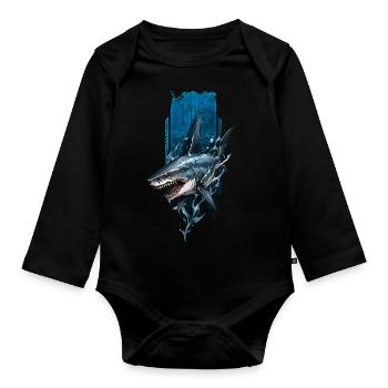 Grimmiges Hai-Design: Tiefblauer Räuber - Baby Bio-Langarm-Body - Schwarz - Vorne