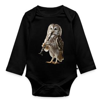 Eule Klarinette - Baby Bio-Langarm-Body - Schwarz - Vorne