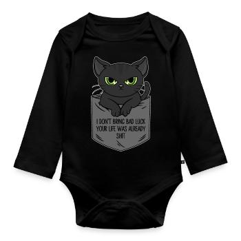 Poche poitrine chat noir Je n’apporte pas de malchance - Body Bébé bio manches longues - noir - Devant