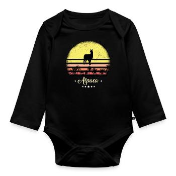 Alpaka Vintage Retro Tiere Sonnenuntergang - Baby Bio-Langarm-Body - Schwarz - Vorne