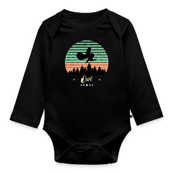 hibou oiseau Vintage rétro animaux coucher de soleil - Body Bébé bio manches longues - noir - Devant