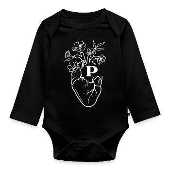 Buchstabe p Herz weiße florale Anatomie - Baby Bio-Langarm-Body - Schwarz - Vorne