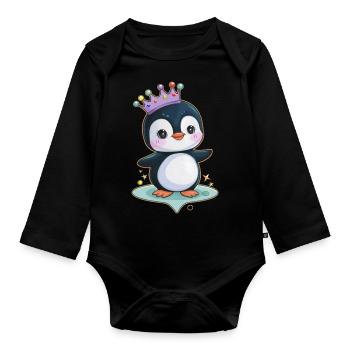 Süßer Cartoon Kawaii Pinguin mit süßer Krone - Baby Bio-Langarm-Body - Schwarz - Vorne