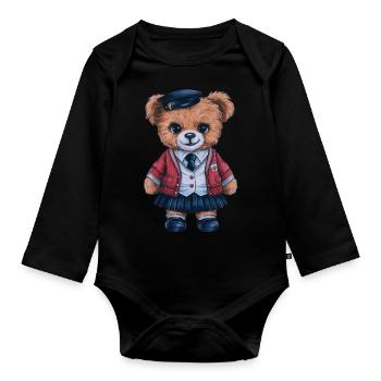 Cute teddy bear with trational school uniform - Organic Longsleeve Baby Bodysuit - black - Front