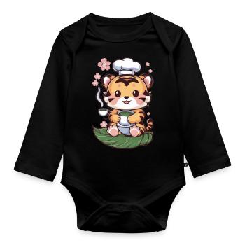 Tiger im Cartoon Stil mit grünem Tee - Baby Bio-Langarm-Body - Schwarz - Vorne