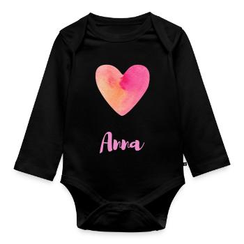 Anna Rosa Herz Typografie Mädchen Outfit - Baby Bio-Langarm-Body - Schwarz - Vorne