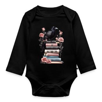 Pile de livres avec corbeau - Body Bébé bio manches longues - noir - Devant