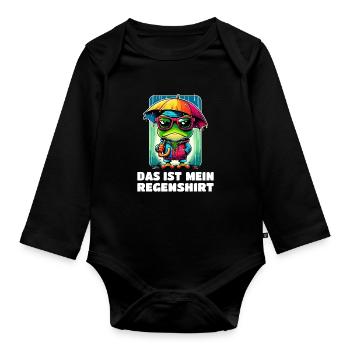 Frosch im Regen mit lustigem Spruch - Baby Bio-Langarm-Body - Schwarz - Vorne