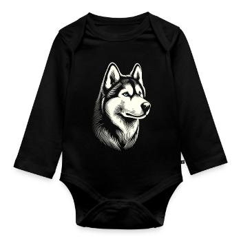 Husky head, black white, dog sled - Organic Longsleeve Baby Bodysuit - black - Front