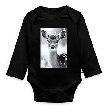 Tranquil Deer in Snowy Forest - Organic Longsleeve Baby Bodysuit - black - Front