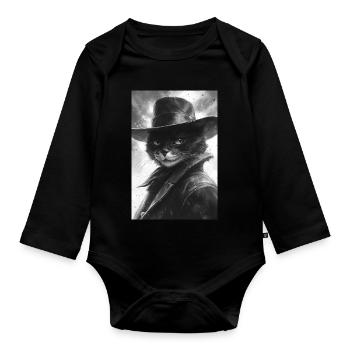 Schwarzweiß-Katze im Cowboylook - Baby Bio-Langarm-Body - Schwarz - Vorne