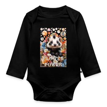 Hippie Flower Power moufette mignonne dans une mer de fleurs - Body Bébé bio manches longues - noir - Devant
