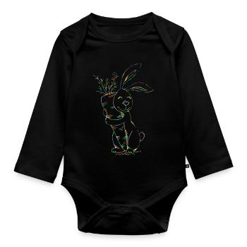 Bunter Neonhase mit Karotten - Baby Bio-Langarm-Body - Schwarz - Vorne