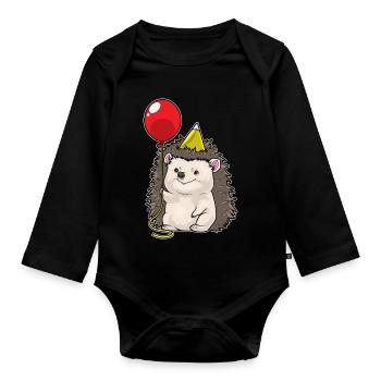Hedgehog Birthday Balloon - Organic Longsleeve Baby Bodysuit - black - Front