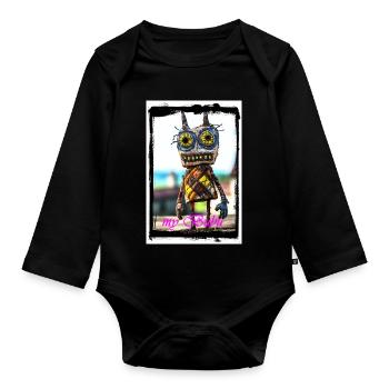 Poupée de chiffon colorée avec un visage curieux - Body Bébé bio manches longues - noir - Devant