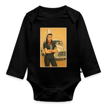 Retro Frau und Vintage Auto - Baby Bio-Langarm-Body - Schwarz - Vorne