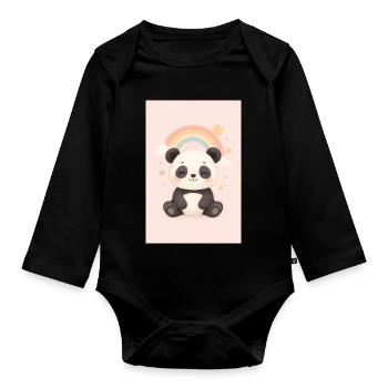 Cute Panda with Rainbow and Stars - Organic Longsleeve Baby Bodysuit - black - Front