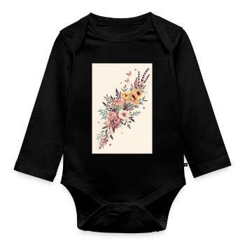Bouquet floral aux papillons - Body Bébé bio manches longues - noir - Devant