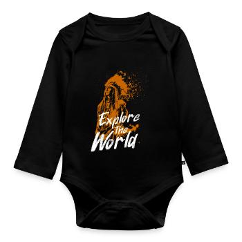 Explore the World Orange Mural with Indian - Organic Longsleeve Baby Bodysuit - black - Front