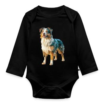 Australian Shepherd - Cooles Low Poly Logo - Baby Bio-Langarm-Body - Schwarz - Vorne