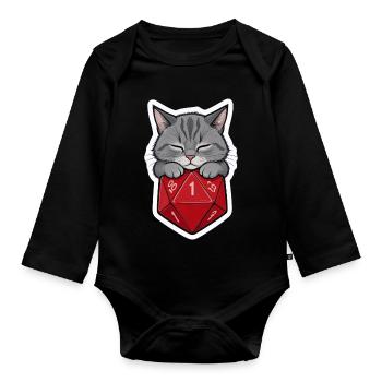 Sleeping Baby Cat on D20 Cube – Cartoon - Organic Longsleeve Baby Bodysuit - black - Front