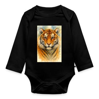 Portrait de tigre à l’aquarelle - Body Bébé bio manches longues - noir - Devant