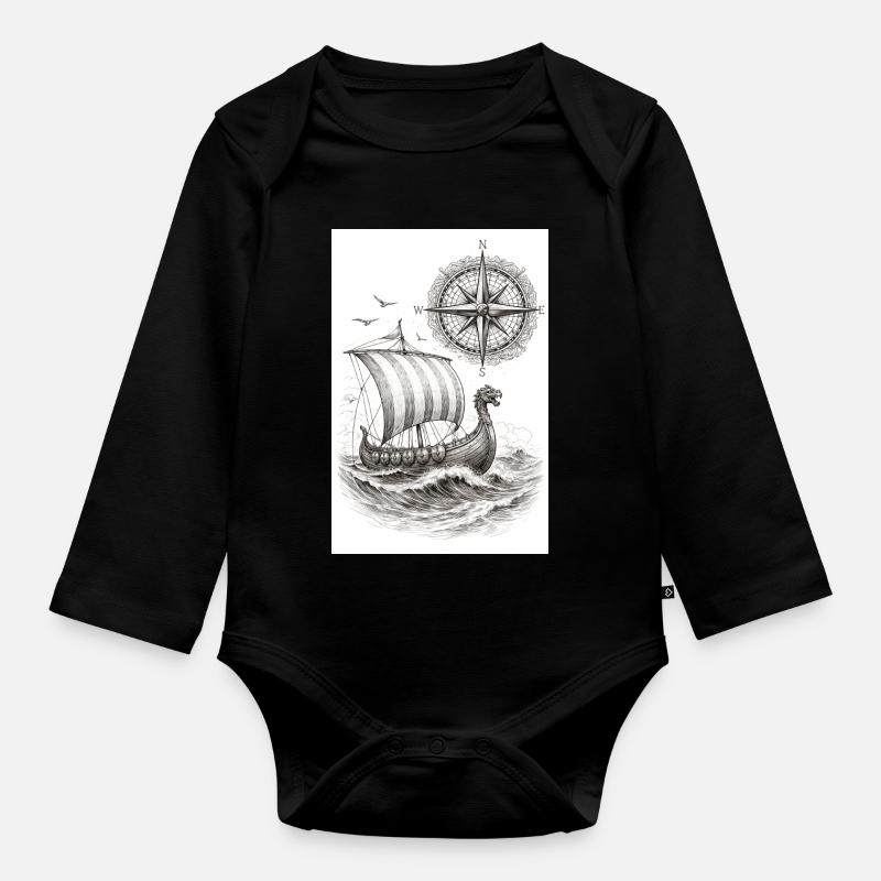 Compass Viking Sailing Ship - Organic Longsleeve Baby Bodysuit - black