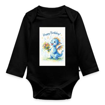 Blauer Drache mit Blumenstrauß - Baby Bio-Langarm-Body - Schwarz - Vorne