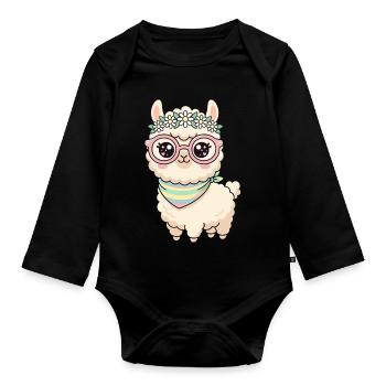 Lama pastel avec couronne florale - Body Bébé bio manches longues - noir - Devant