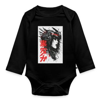 Futuristic Ink Portrait with Red Kanji - Organic Longsleeve Baby Bodysuit - black - Front