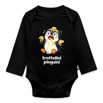 Trottelini Pinguini – Lustiger Pasta Pinguin - Baby Bio-Langarm-Body - Schwarz - Vorne