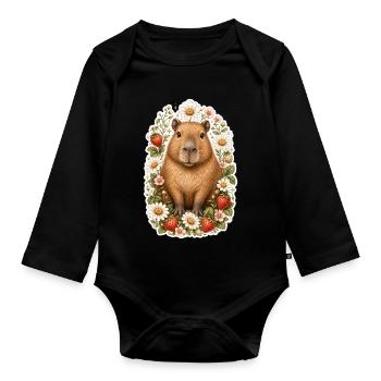 Capybara Erdbeeren Gänseblümchen Tierfreund - Baby Bio-Langarm-Body - Schwarz - Vorne