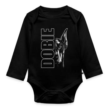 Dobermann Porträt mit vertikalem Schriftzug DOBIE - Baby Bio-Langarm-Body - Schwarz - Vorne