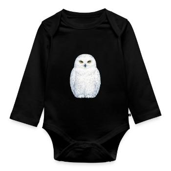 Wasserfarbene Schneeeule Illustration - Baby Bio-Langarm-Body - Schwarz - Vorne