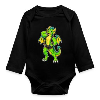 Grüner Drachenheld im Lederlook - Baby Bio-Langarm-Body - Schwarz - Vorne