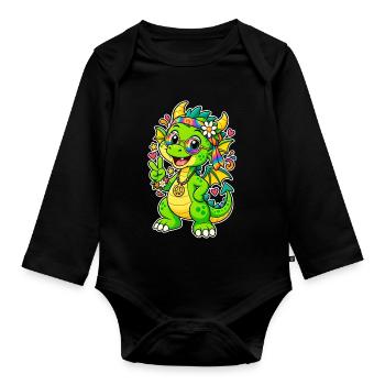Dragon hippie avec bandana arc-en-ciel - Body Bébé bio manches longues - noir - Devant