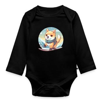 Dog Shiba Inu winter sports skiing snow mountains - Organic Longsleeve Baby Bodysuit - black - Front