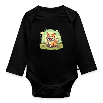 Dog Shiba Inu good mood laughing with sun - Organic Longsleeve Baby Bodysuit - black - Front