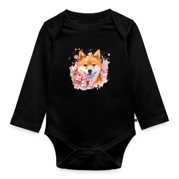Chien japonais Shiba Inu Cherry Blossom Love - Body Bébé bio manches longues - noir - Devant