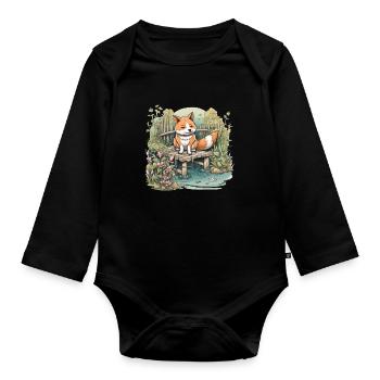 japanischer Hund Shiba Inu am Wasser Teich - Baby Bio-Langarm-Body - Schwarz - Vorne