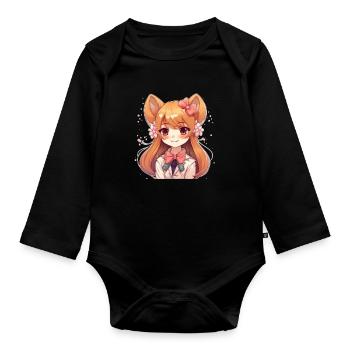 Chienne japonaise Shiba Inu fille avec des fleurs - Body Bébé bio manches longues - noir - Devant