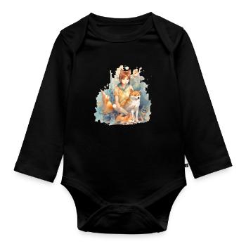 Fille avec un chien japonais Shiba Inu pet - Body Bébé bio manches longues - noir - Devant