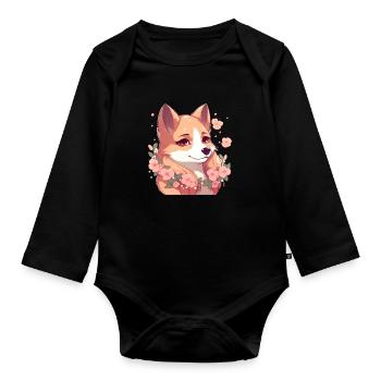 Chienne japonaise Shiba Inu dame avec des fleurs - Body Bébé bio manches longues - noir - Devant