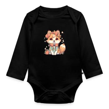 Japanese dog Shiba Inu girl with bandana - Organic Longsleeve Baby Bodysuit - black - Front