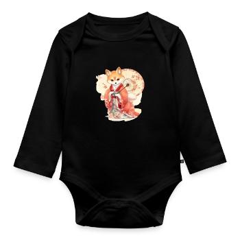 Chien japonais Shiba Inu en kimono avec fleurs - Body Bébé bio manches longues - noir - Devant