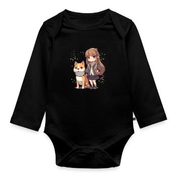 Mädchen mit Haustier japanisch Hund Shiba Inu - Baby Bio-Langarm-Body - Schwarz - Vorne